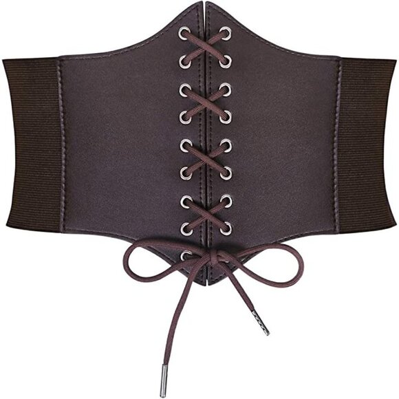 Brown Leather Elastic Wide Stretch Belt Corset Top Halloween Cosplay Costume NWT - Picture 1 of 8